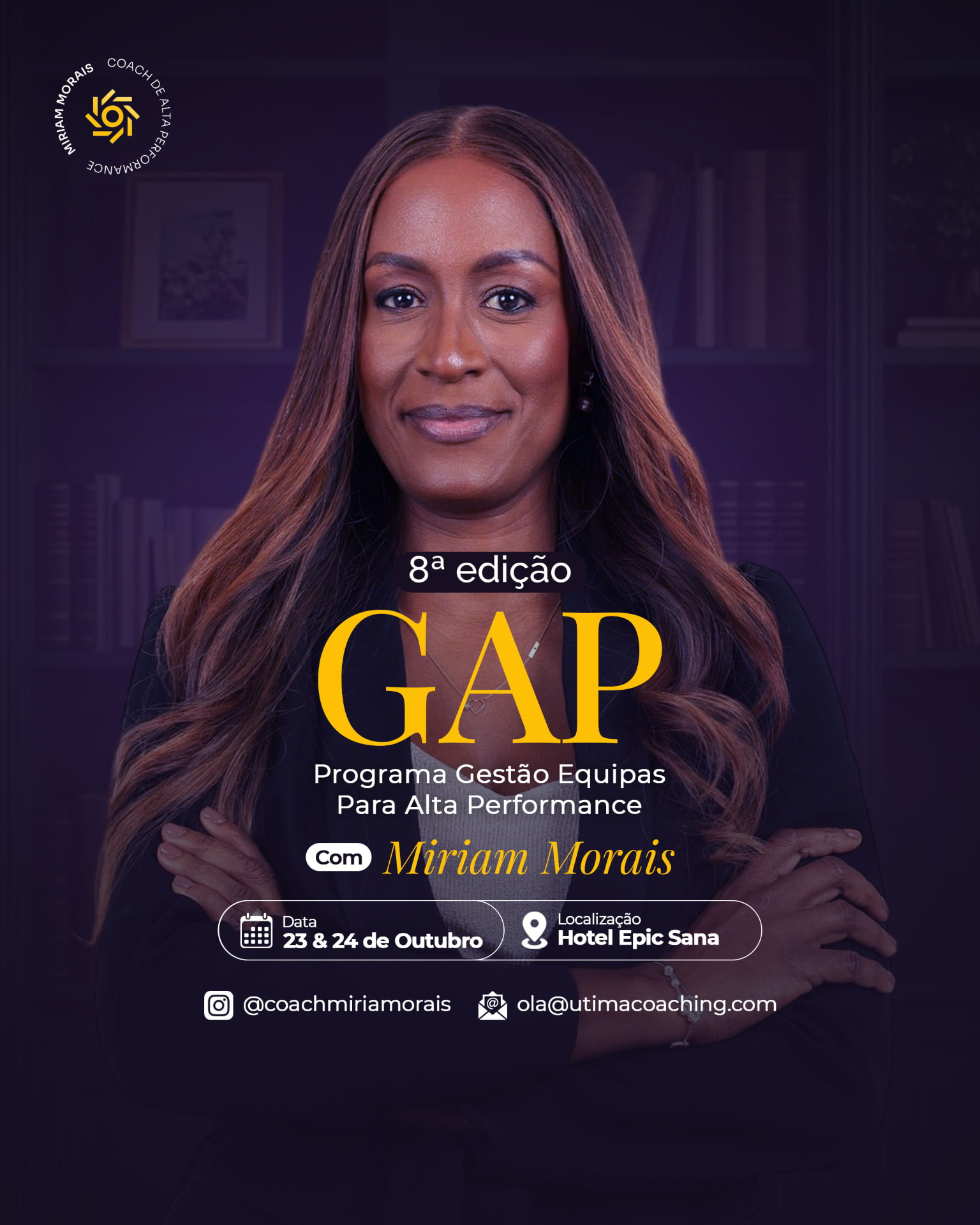 Arte oficial do evento GAP com a coach Miriam Morais